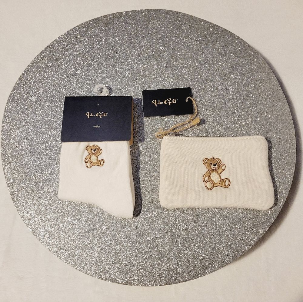 John Galt Embroidered Teddy Bear Ankle Socks and Coin Purse 2 Piece Set New